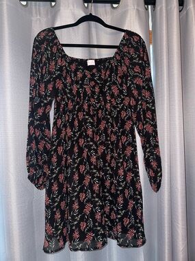 Pink Lily Black Floral Long Sleeve Dress with Pink Blossoms